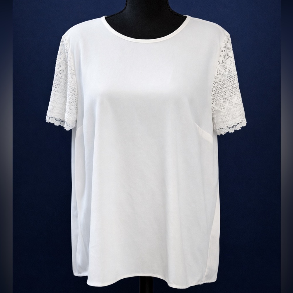 Michael Kors White Lace Sleeve Blouse Size L Back Zip Short Sleeve Top